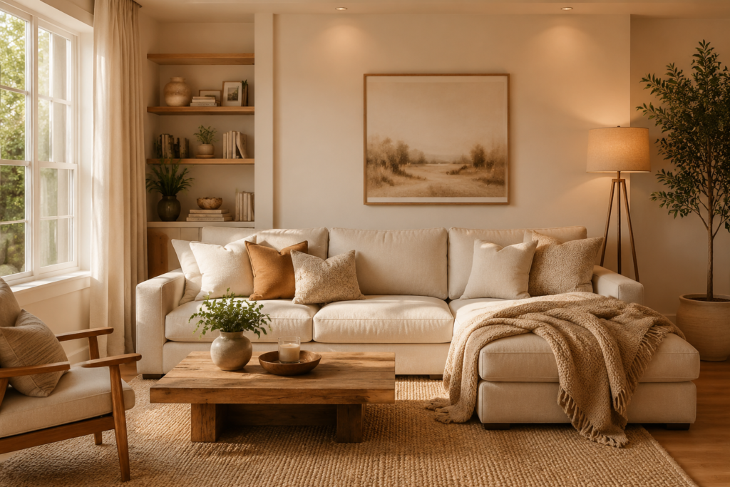 Cozy living room ideas with warm lighting and neutral decor