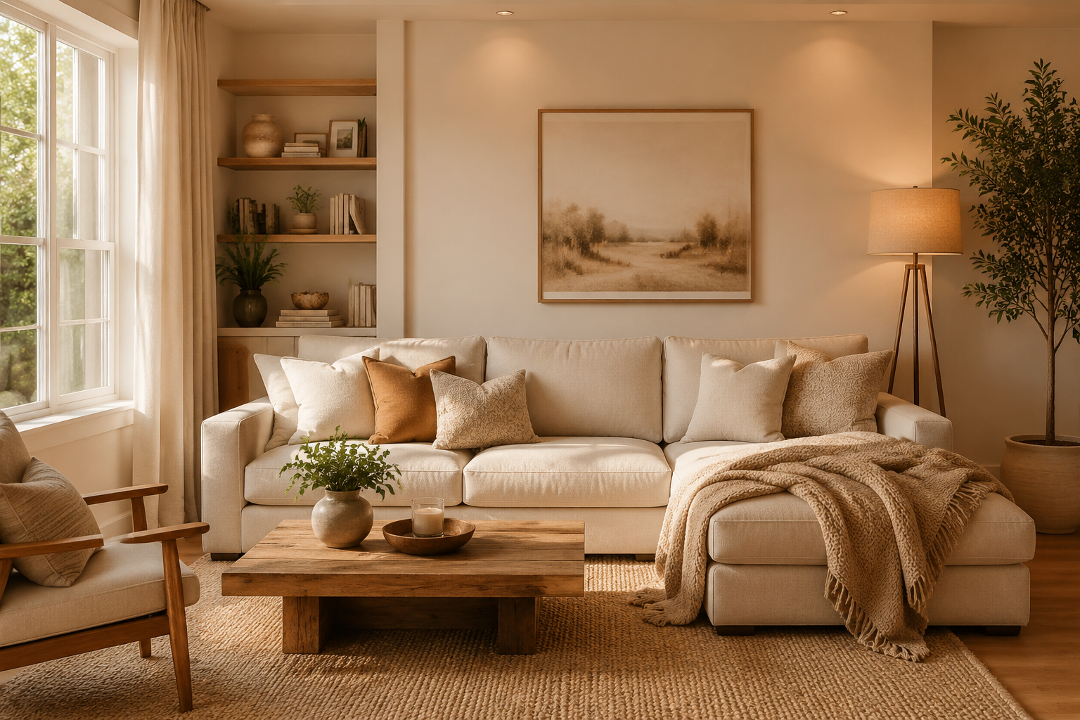 Cozy living room ideas with warm lighting and neutral decor