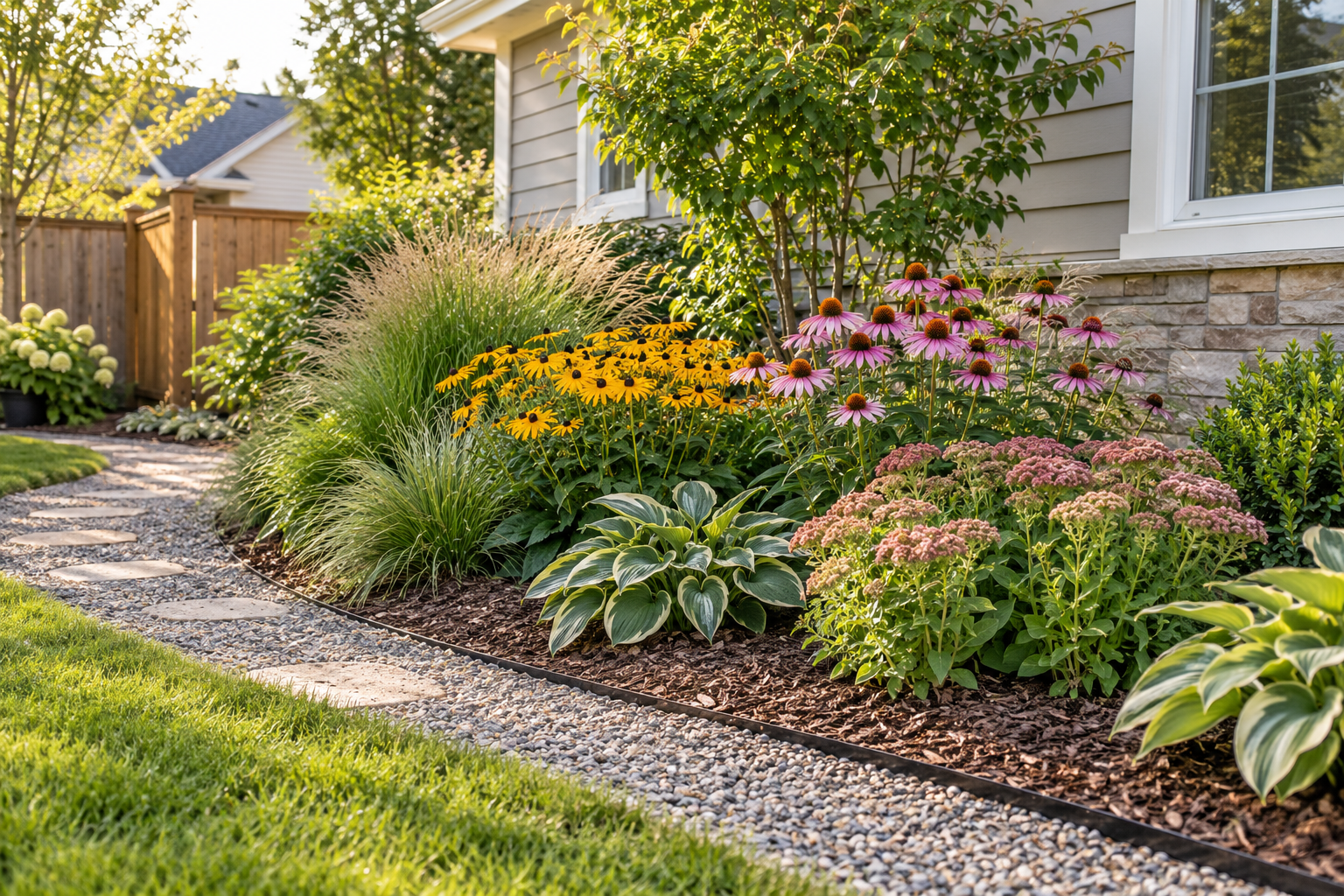 Low-maintenance garden bed with coneflowers, hostas, ornamental grasses, mulch, and a gravel path beside a home